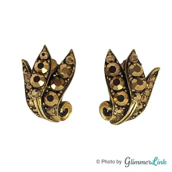 VTG Weiss Aurum Metallic Rhinestones Triple Leaf Bronze Tone Clip On Earrings - Picture 4 of 9